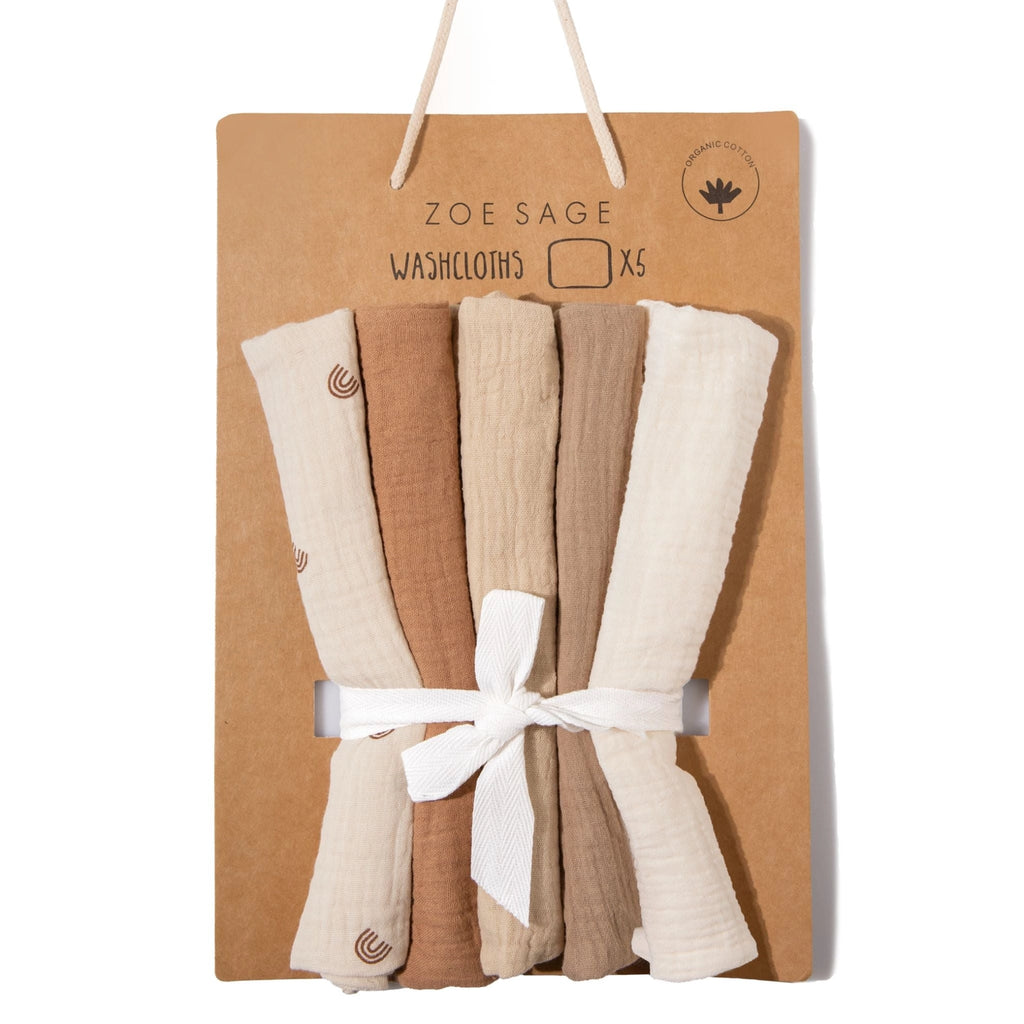 Débarbouillettes bébé en mousseline de coton bio – Lot de 5 tons naturels