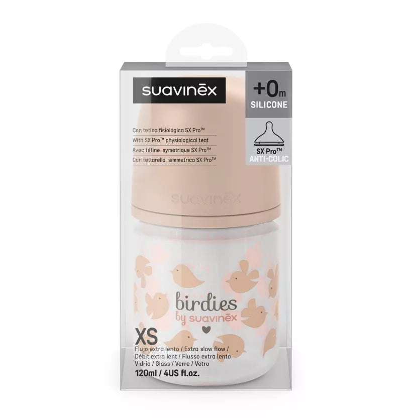 Biberon Suavinex en verre 120ml tétine SX Pro XS - Birdies