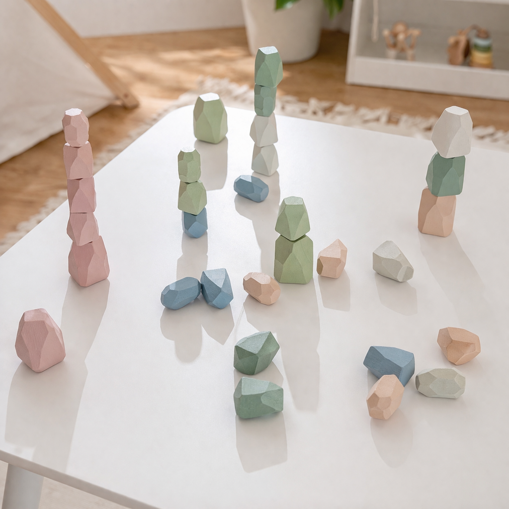 Jeu d'empilage de roches en bois Montessori – Motricité et créativité