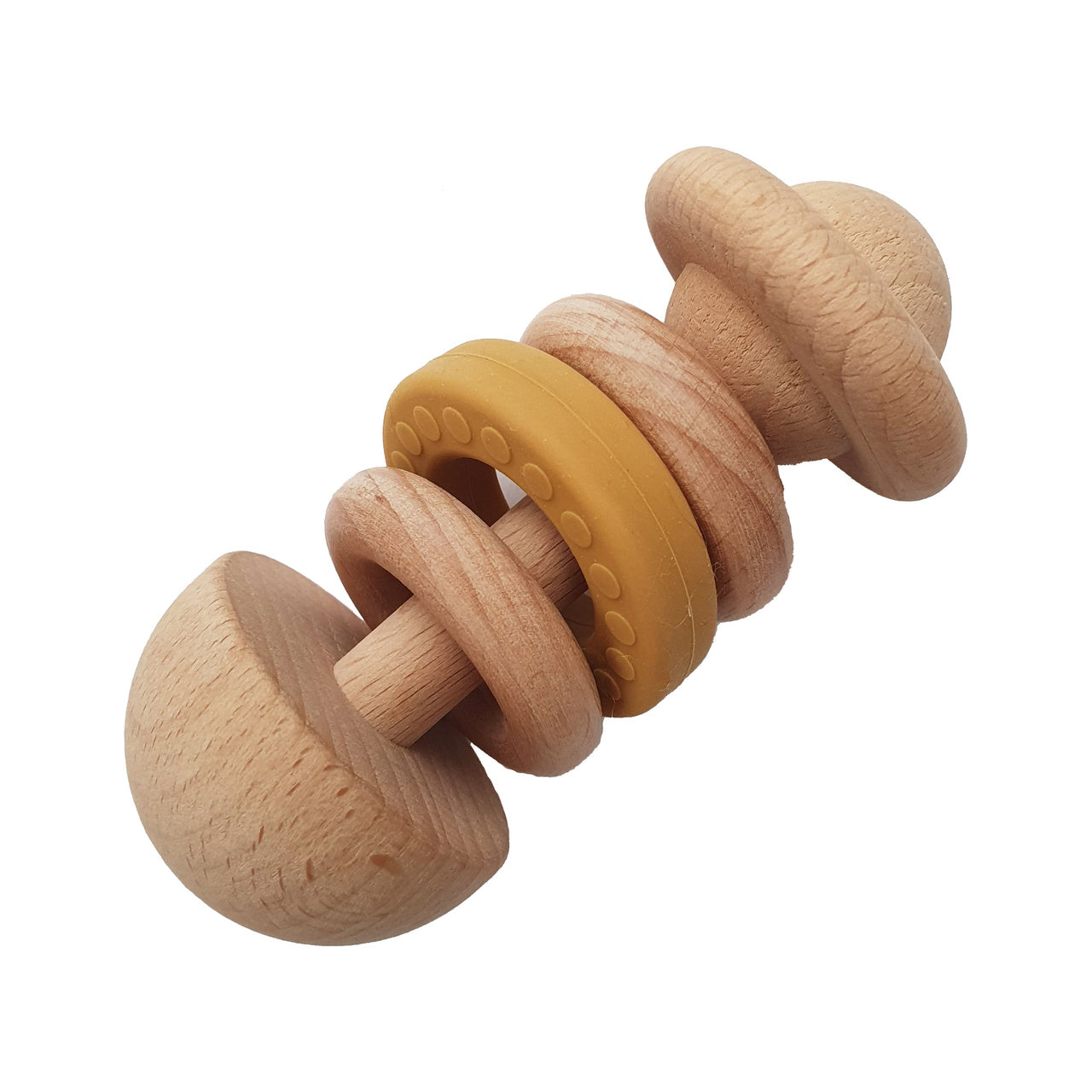 Hochet d’éveil en bois et silicone – Moutarde