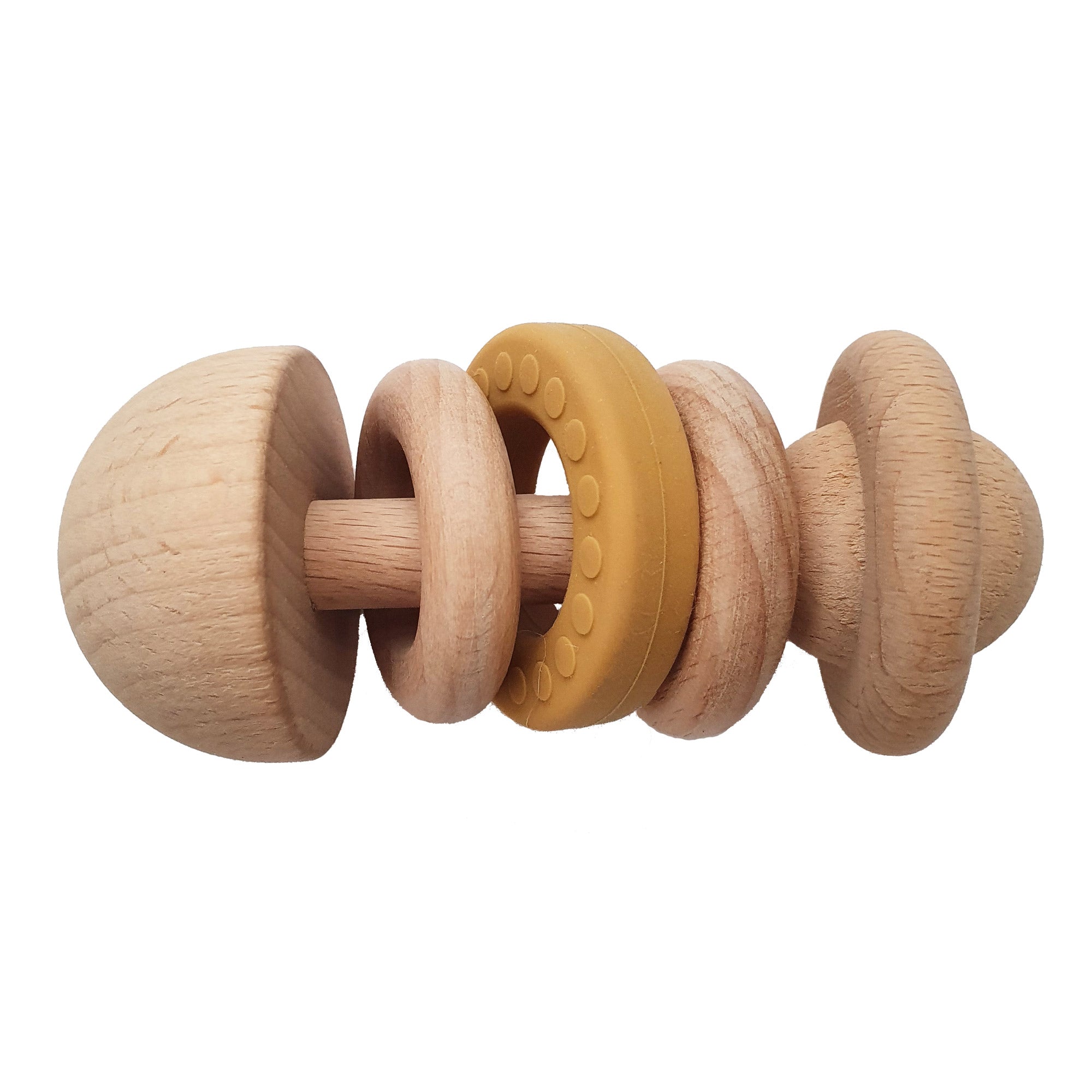 Hochet d’éveil en bois et silicone – Moutarde